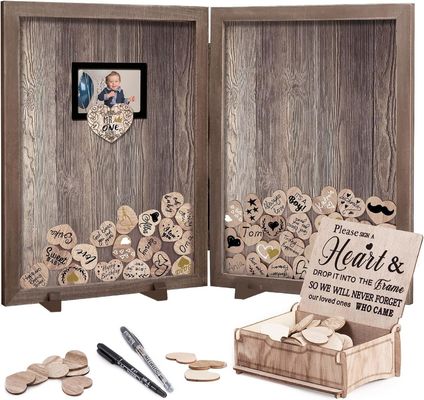 Wood Glass Rustic Wedding Guest Book with Silk-screen Printing Frame and Wooden Heart