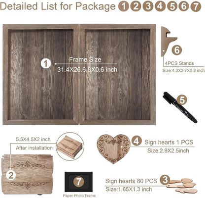 Wood Glass Rustic Wedding Guest Book with Silk-screen Printing Frame and Wooden Heart