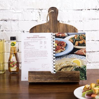 Stylish Pine Wood Cookbook Stand with Standing Installation and Brown Cutting Board