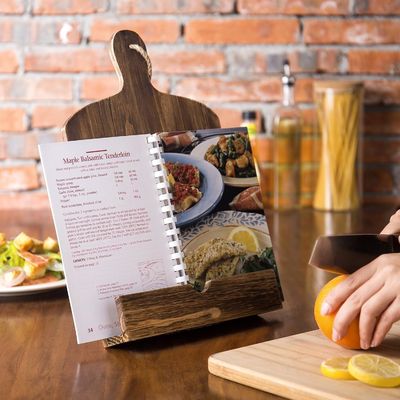 Stylish Pine Wood Cookbook Stand with Standing Installation and Brown Cutting Board