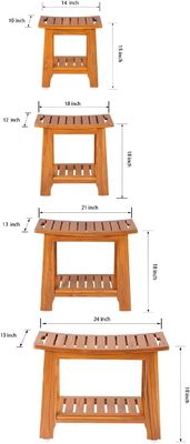 Wooden Bathroom Spa Bathing Stool with Handle and Shelf in Natural Color Teak Wood