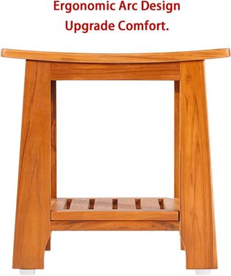 Wooden Bathroom Spa Bathing Stool with Handle and Shelf in Natural Color Teak Wood