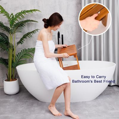 Wooden Bathroom Spa Bathing Stool with Handle and Shelf in Natural Color Teak Wood