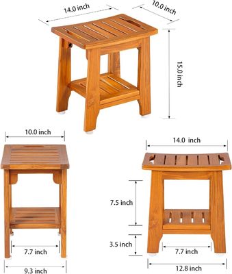 Wooden Bathroom Spa Bathing Stool with Handle and Shelf in Natural Color Teak Wood