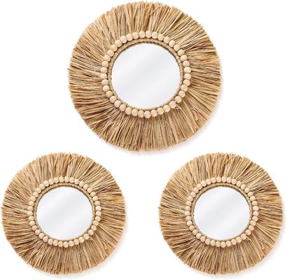 Boho Raffia Mirror Wall Hanging Decor Rustic Round Circle Mirrors Farmhouse Aesthetic