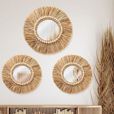 Boho Raffia Mirror Wall Hanging Decor Rustic Round Circle Mirrors Farmhouse Aesthetic