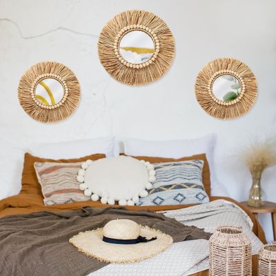 Boho Raffia Mirror Wall Hanging Decor Rustic Round Circle Mirrors Farmhouse Aesthetic