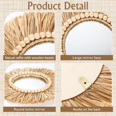 Boho Raffia Mirror Wall Hanging Decor Rustic Round Circle Mirrors Farmhouse Aesthetic