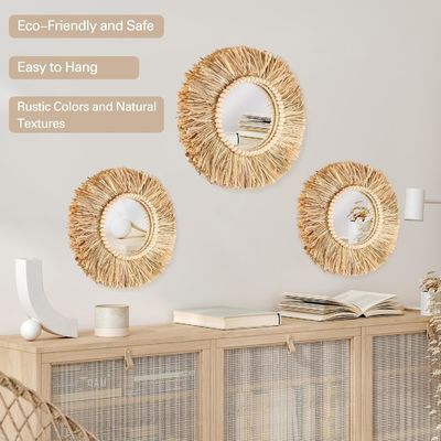 Boho Raffia Mirror Wall Hanging Decor Rustic Round Circle Mirrors Farmhouse Aesthetic