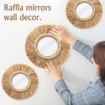 Boho Raffia Mirror Wall Hanging Decor Rustic Round Circle Mirrors Farmhouse Aesthetic