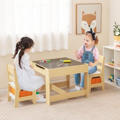 Children Wooden Activity Table and 2 Chairs Kids Learning Toy Set with Storage Drawer
