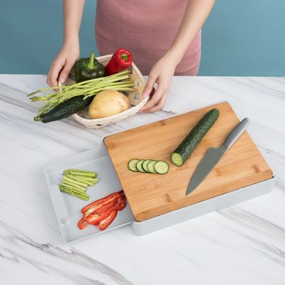 Convenient Drawer-Type Bamboo Natural Color Rectangle Chopping Board for Easy Cutting