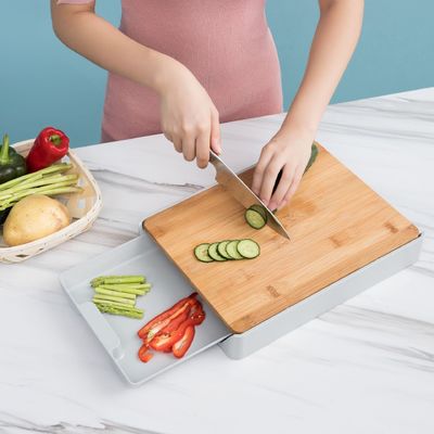Convenient Drawer-Type Bamboo Natural Color Rectangle Chopping Board for Easy Cutting