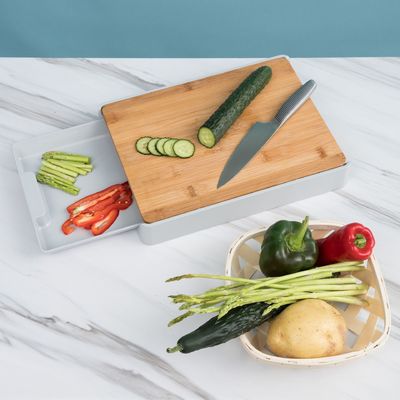 Convenient Drawer-Type Bamboo Natural Color Rectangle Chopping Board for Easy Cutting