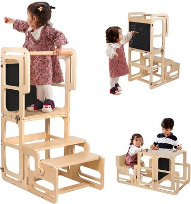 Montessori Foldable Learning Wooden Tower Adjustable Kitchen Step Stool for Toddlers