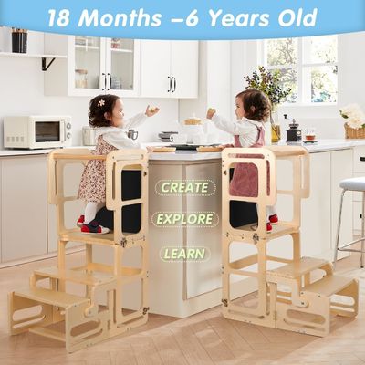 Montessori Foldable Learning Wooden Tower Adjustable Kitchen Step Stool for Toddlers