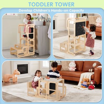 Montessori Foldable Learning Wooden Tower Adjustable Kitchen Step Stool for Toddlers