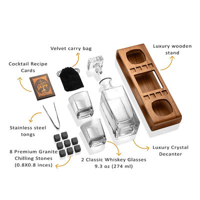 Custom Whiskey Decanter Set With Wood Stand and Chilling Stones for Party Celebrations