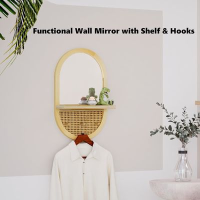 Bathroom Bedroom Entryway Living Room Decorative Mirrors Wall Mirror with Shelf and Coat Hooks Wood Framed