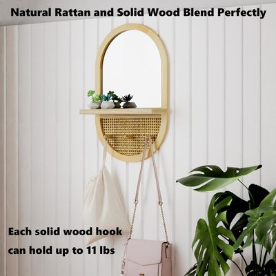 Bathroom Bedroom Entryway Living Room Decorative Mirrors Wall Mirror with Shelf and Coat Hooks Wood Framed