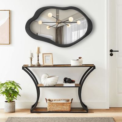 Rustic Wood Black Framed Asymmetrical Wall Wavy Mirror for Living Room Bedroom Entryway Bathroom