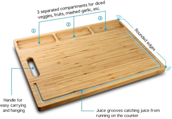 Multi-Functional Bamboo Cutting Board with 3 Compartments and Juice Grooves 43*32*1.8cm