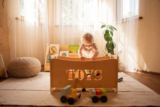 Burned Wood and Glass Toy Organizer Box for Montessori Furniture in Toddler Playroom
