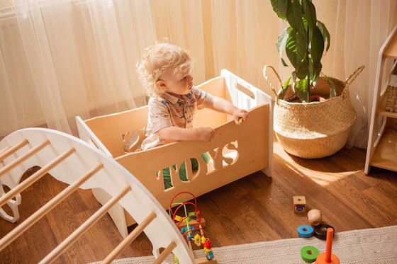 Burned Wood and Glass Toy Organizer Box for Montessori Furniture in Toddler Playroom