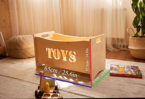 Burned Wood and Glass Toy Organizer Box for Montessori Furniture in Toddler Playroom