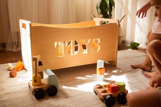 Burned Wood and Glass Toy Organizer Box for Montessori Furniture in Toddler Playroom