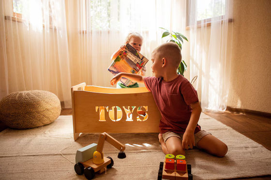 Burned Wood and Glass Toy Organizer Box for Montessori Furniture in Toddler Playroom