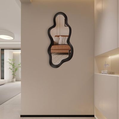 Beautiful Home Decor Irregular Wall Mirror with Black Wooden Frame and Modern Bathroom Decoration