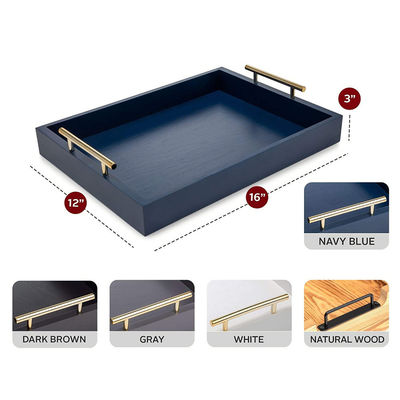 Wooden Tray Food Party Serving Tray with Polished Metal Handle in Navy Blue Color