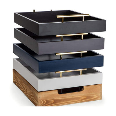 Wooden Tray Food Party Serving Tray with Polished Metal Handle in Navy Blue Color