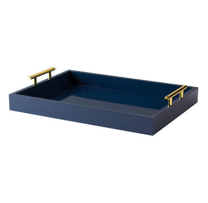Wooden Tray Food Party Serving Tray with Polished Metal Handle in Navy Blue Color