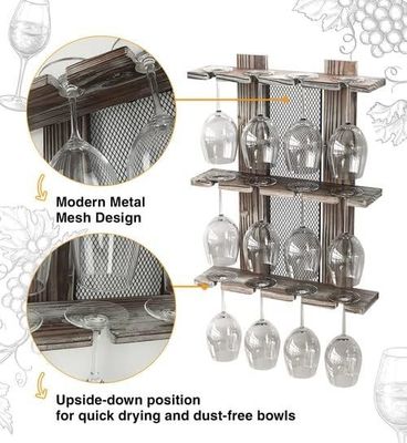 Wooden Wall Mounted Glassware Holder Rack for 12 Wine Glasses Non-folding Display
