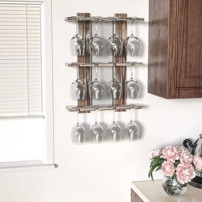 Wooden Wall Mounted Glassware Holder Rack for 12 Wine Glasses Non-folding Display