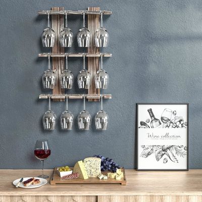 Wooden Wall Mounted Glassware Holder Rack for 12 Wine Glasses Non-folding Display