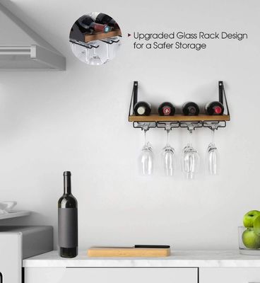 Non-folding Rack Rustic Wood Wall Mount Wine Rack with 4 Metal Wire Glass Holder Custom Design