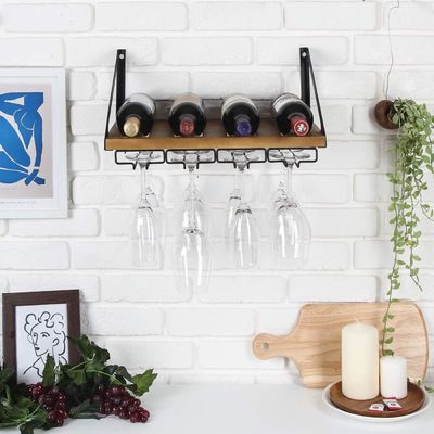 Non-folding Rack Rustic Wood Wall Mount Wine Rack with 4 Metal Wire Glass Holder Custom Design