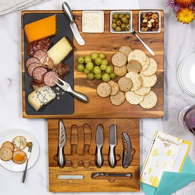 Silk-screen Printing 19-Piece Acacia Wood Slate Cheese Board and Knife Set for Meat Wine Cheese