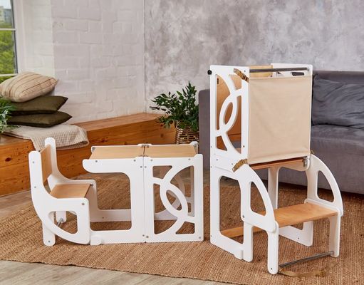7 in 1 Convertible Toddler Tower Table with Seatback Enhance Learning and Kitchen Fun