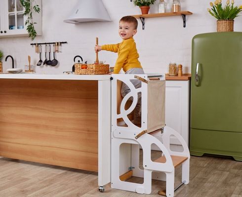 7 in 1 Convertible Toddler Tower Table with Seatback Enhance Learning and Kitchen Fun