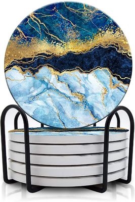 Customized Round 4'' 6 pcs Marble Painted Absorbent Stone Ceramic Coaster with Stand