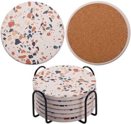 Customized Round 4'' 6 pcs Marble Painted Absorbent Stone Ceramic Coaster with Stand