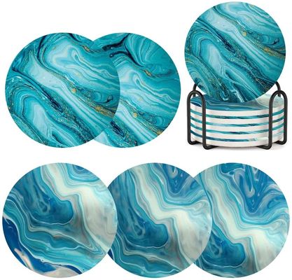 Customized Round 4'' 6 pcs Marble Painted Absorbent Stone Ceramic Coaster with Stand