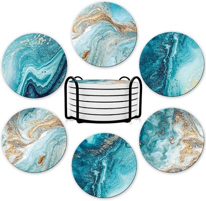 Customized Round 4'' 6 pcs Marble Painted Absorbent Stone Ceramic Coaster with Stand
