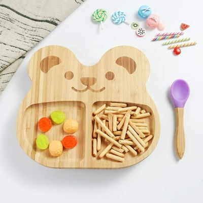 Bamboo Baby Plate Dessert Dish Children's Tableware Platter with Cartoon Cutlery Set