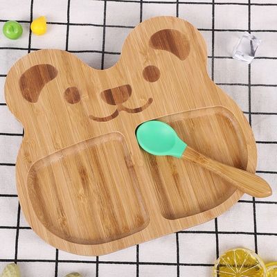 Bamboo Baby Plate Dessert Dish Children's Tableware Platter with Cartoon Cutlery Set