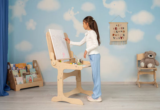 Montessori Kids Study Furniture Set Custom Size Wooden Desk and Chair with Chalk Tabletop